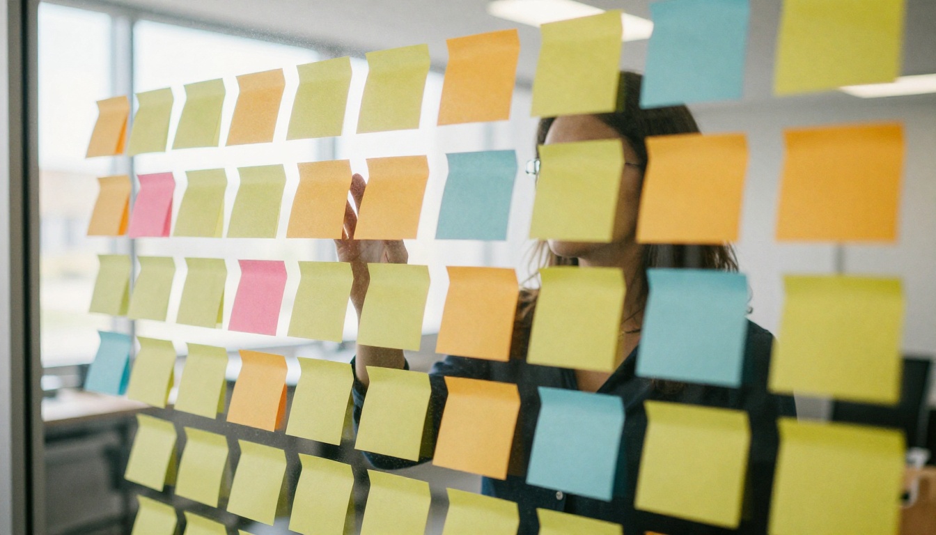Colorful sticky notes on a glass wall with a blurred silhouette placing more notes Colorful sticky notes on a glass wall with a blurred silhouette placing more notes