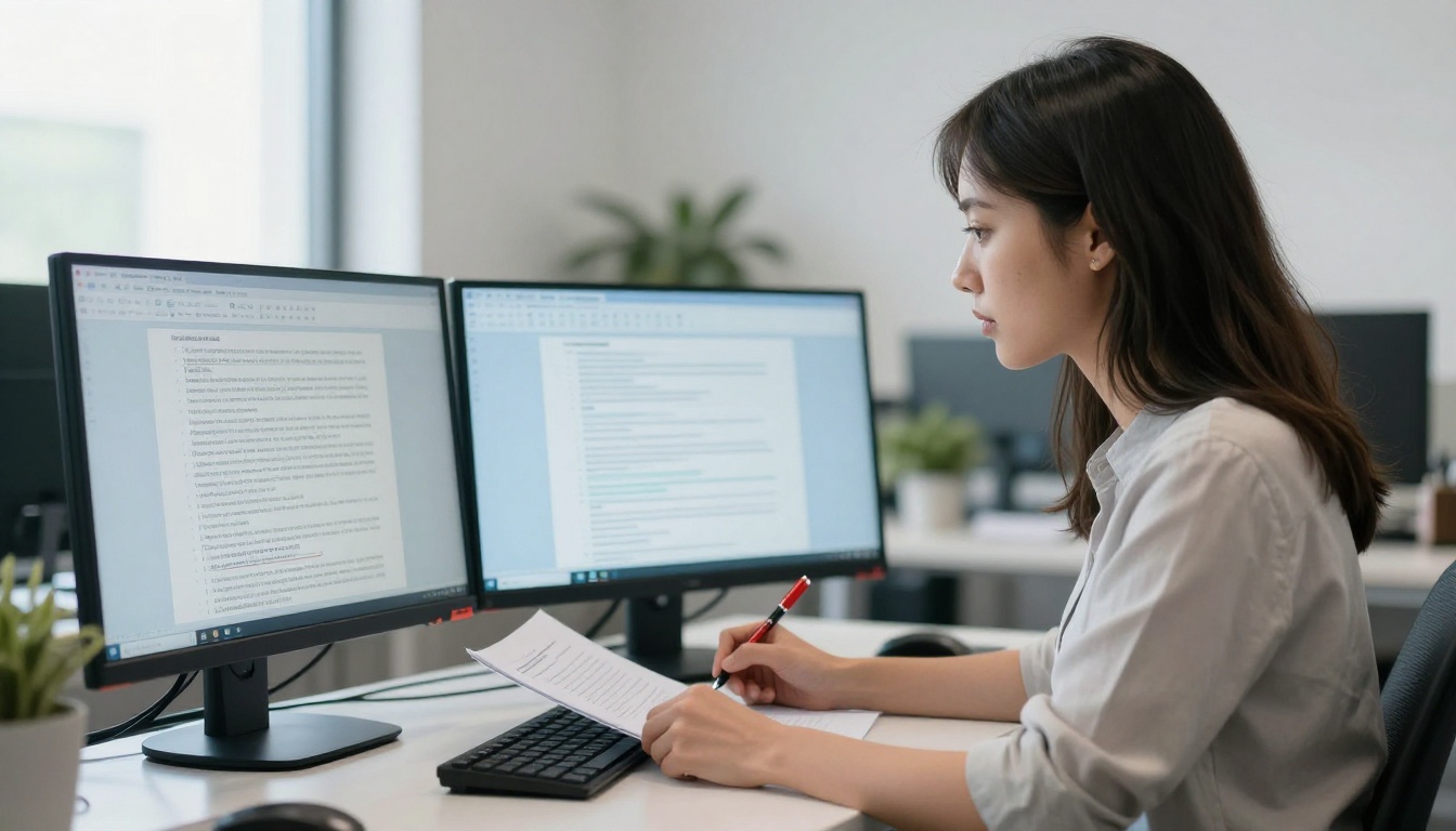 Woman at standing desk with dual monitors showing text documents
