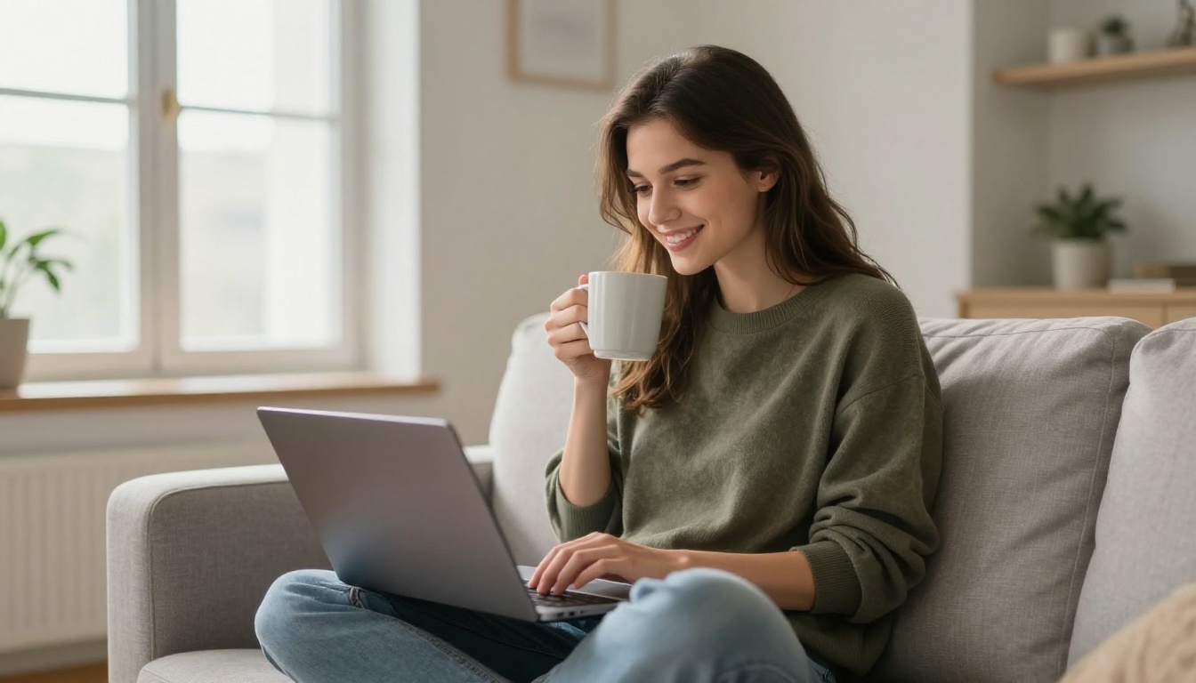 Young woman sitting on a couch smiling at her open laptop Young woman sitting on a couch smiling at her open laptop