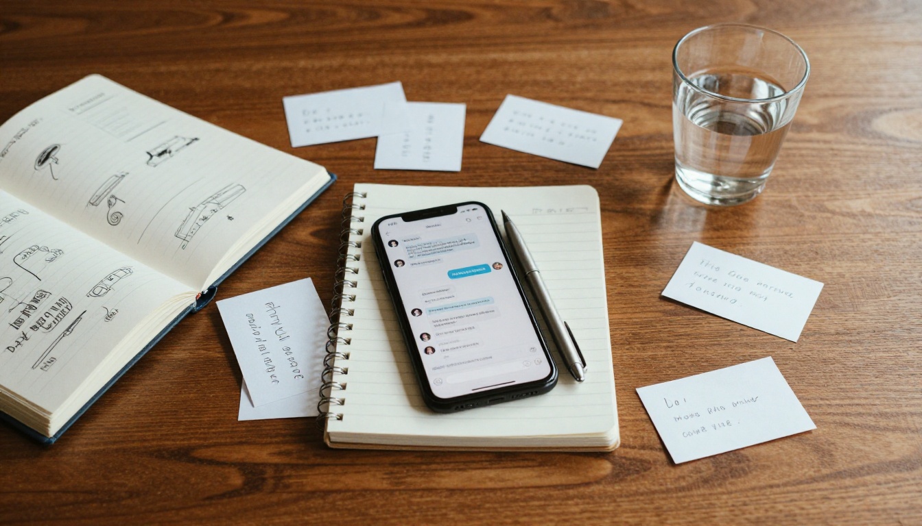 Aerial flat lay of a creative workspace with notebook, smartphone, index cards, and a glass of water Aerial flat lay of a creative workspace with notebook, smartphone, index cards, and a glass of water