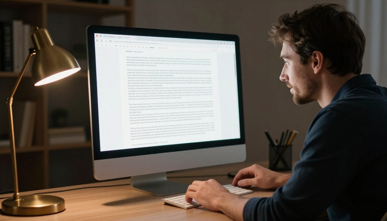 A man working at a standing desk in warm evening lamplight reading AI-generated text on a large monitor A man working at a standing desk in warm evening lamplight reading AI-generated text on a large monitor