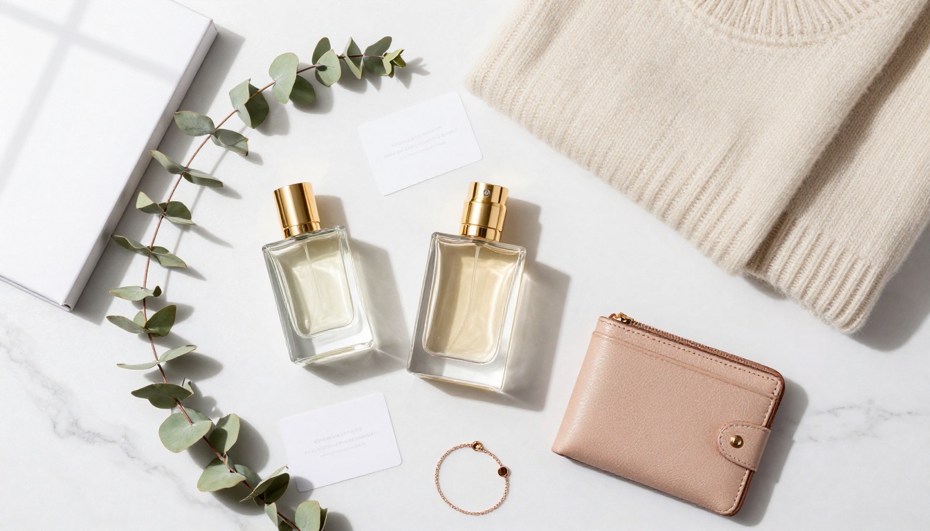 Luxury product flat lay on white marble with editorial precision