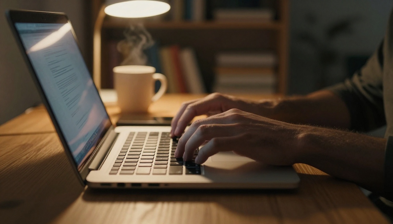 Professional hands typing at laptop in warm amber office light