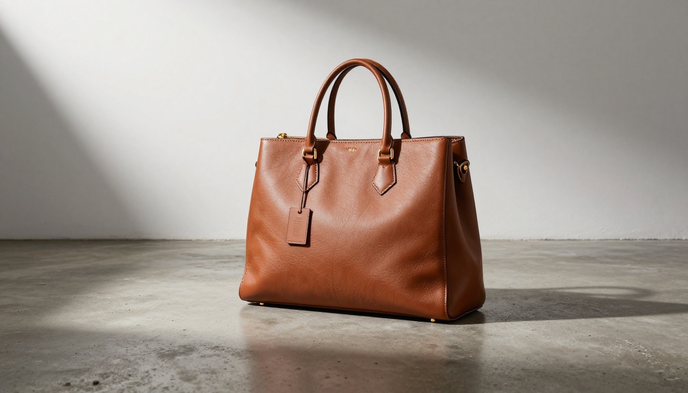Luxury cognac leather handbag with gold hardware in studio light