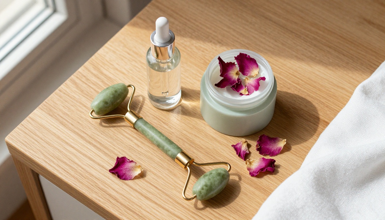 Artfully arranged skincare products with natural window light casting soft shadows