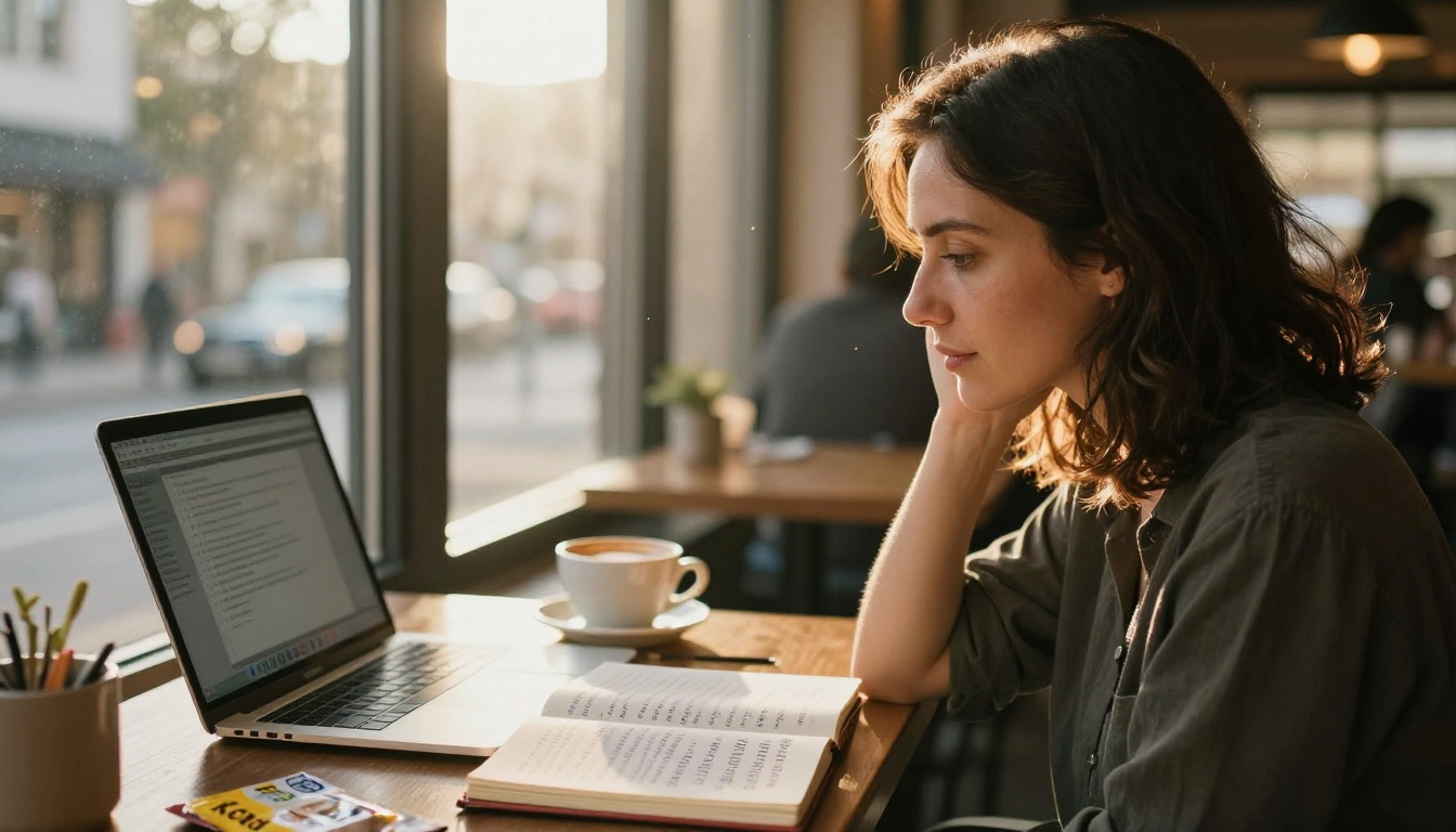 Woman writing product notes at sunlit cafe table with laptop and cappuccino
