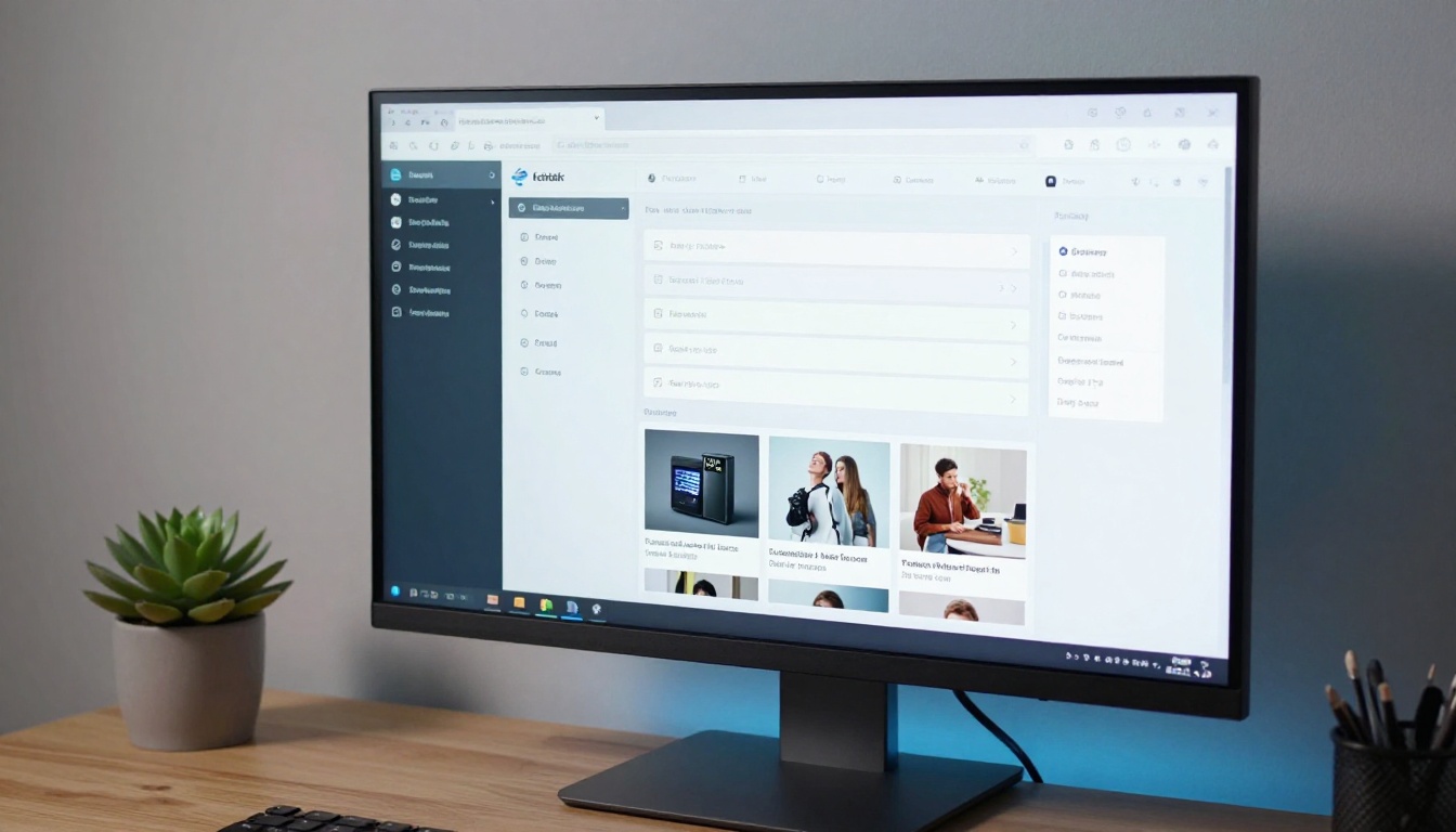 E-commerce product listing dashboard on widescreen monitor in clean home office