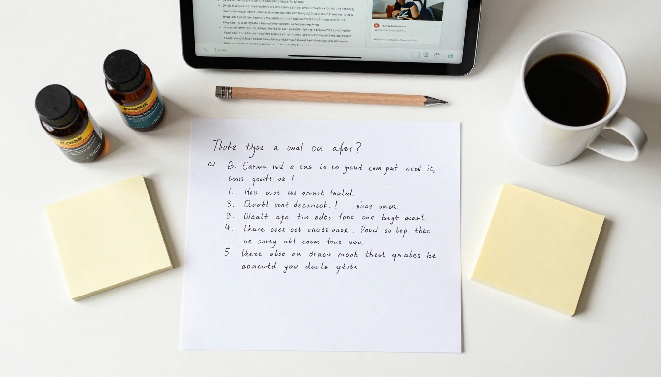 Overhead flat lay of product copy brainstorming workspace with printed drafts and notes
