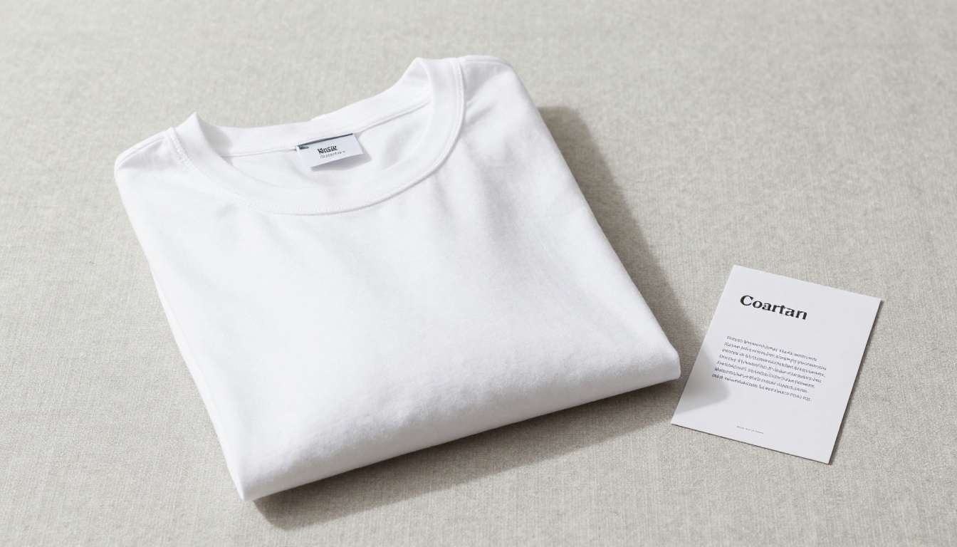 Premium white cotton t-shirt on grey linen surface with product description tag in clean studio lighting