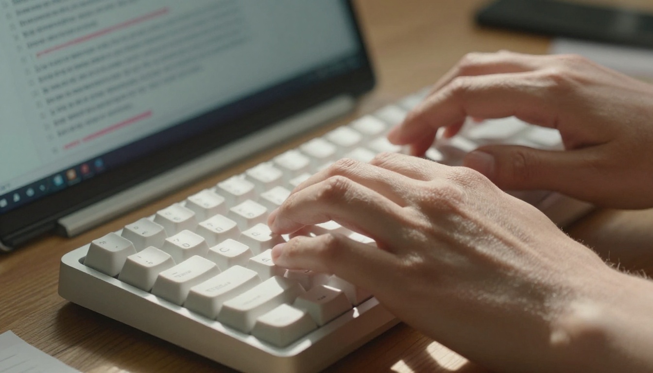 Hands typing on mechanical keyboard while proofreading text on screen