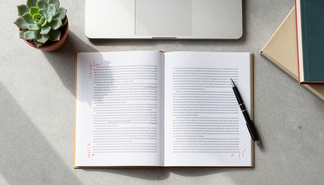 Aerial overhead flat-lay of a workspace with documents featuring red correction marks and a laptop
