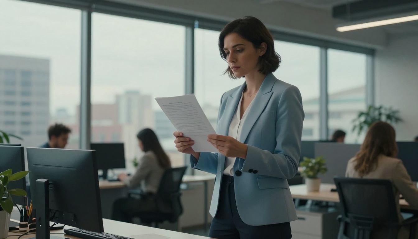 Professional woman at a standing desk reviewing a printed document with focus
