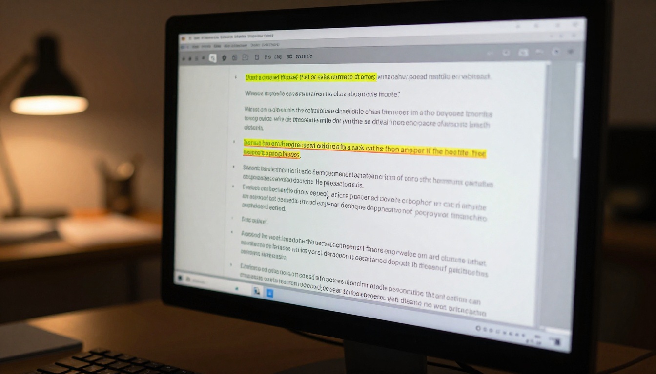 Computer monitor screen displaying a text document with highlighted errors and red underlines
