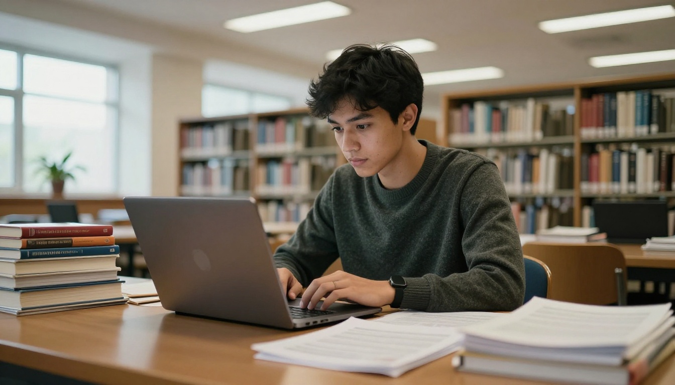 A young graduate student in a library surrounded by stacked textbooks and academic papers
