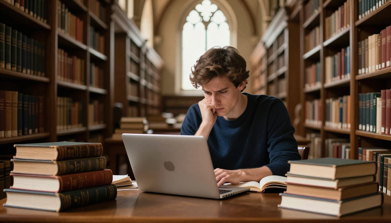 Young man working on a laptop in a classical library surrounded by books