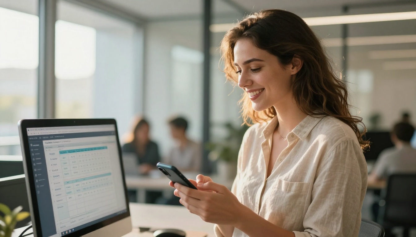 Woman confidently checking her AI-powered schedule
