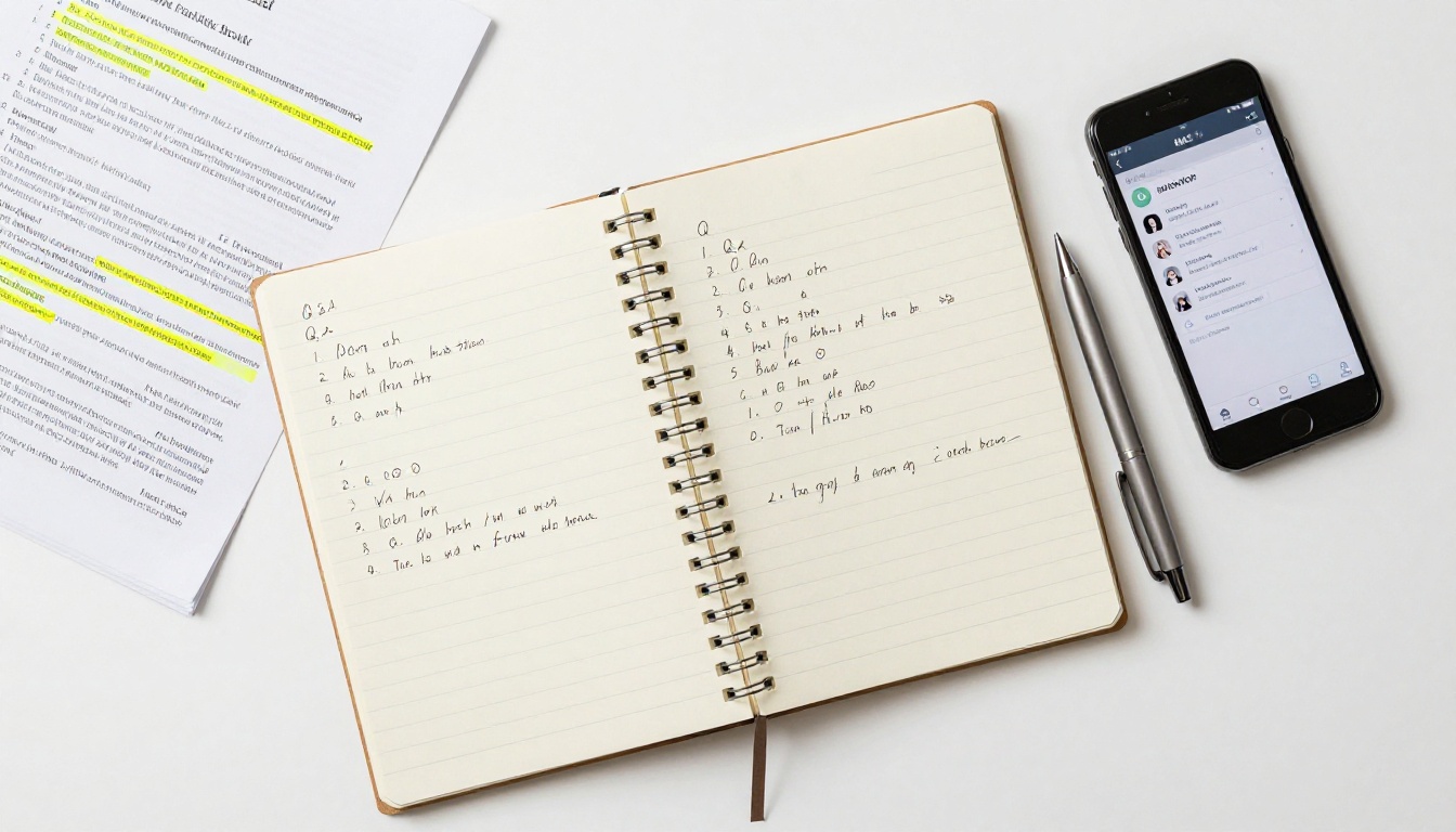 Aerial flat-lay of a desk with handwritten Q&A notes, highlighted PDF, pen, and smartphone showing AI chat