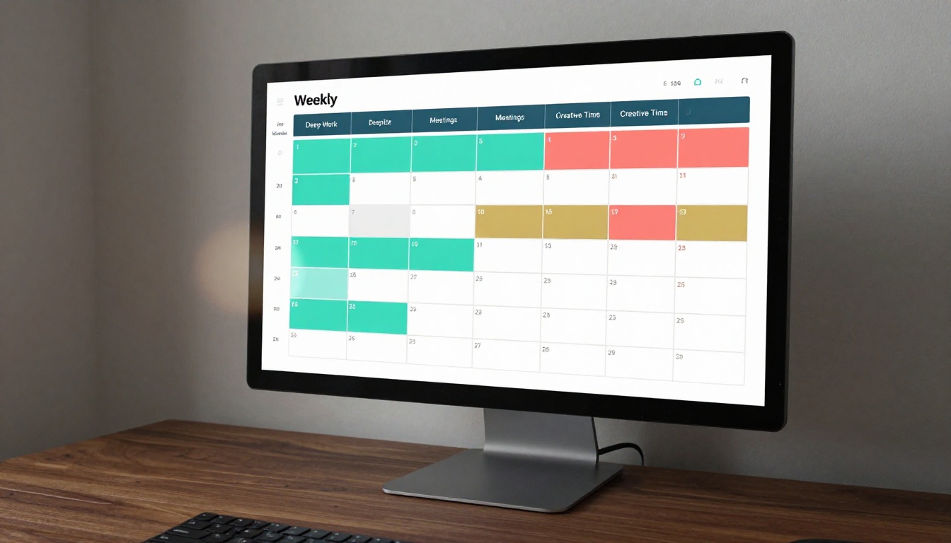 Color-coded weekly calendar on a monitor