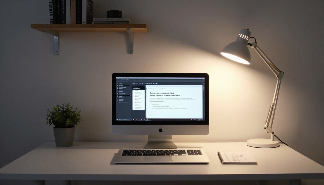 Minimalist home office with iMac showing an AI chat interface alongside a text document