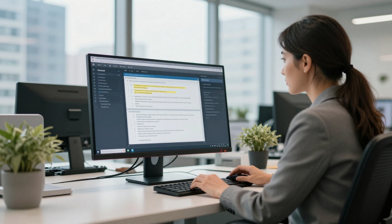 A professional woman in a corporate office reviewing AI analysis on a large monitor with city view