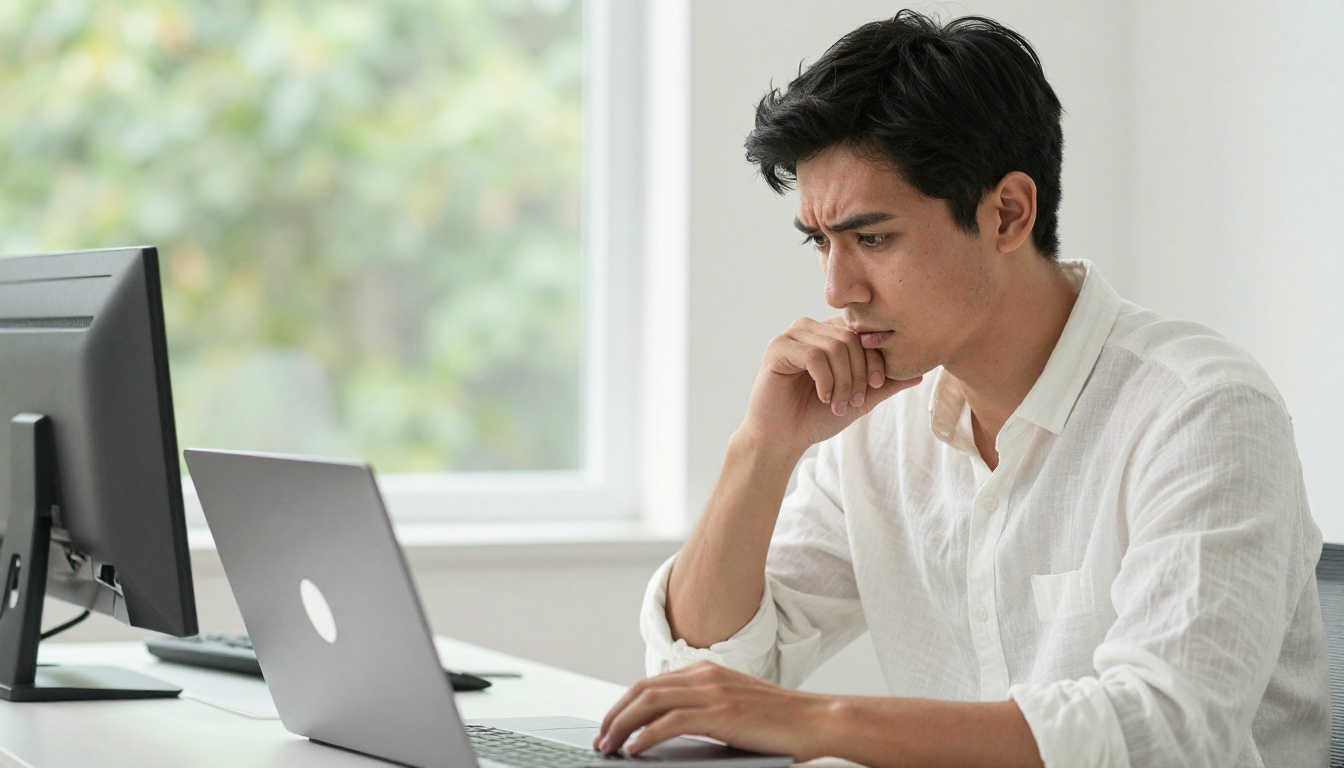 Focused professional at standing desk deep in thought