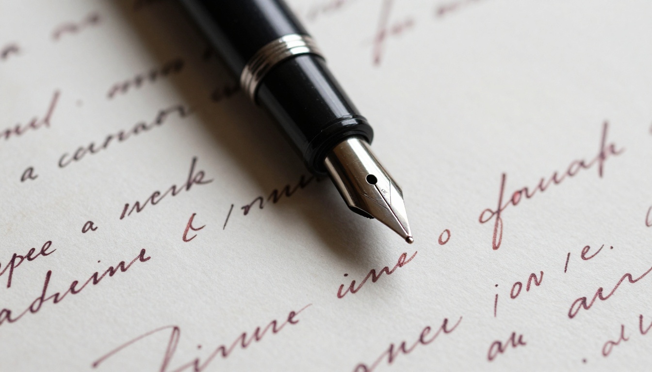 Extreme macro close-up of a fountain pen resting on handwritten text with red ink corrections between lines