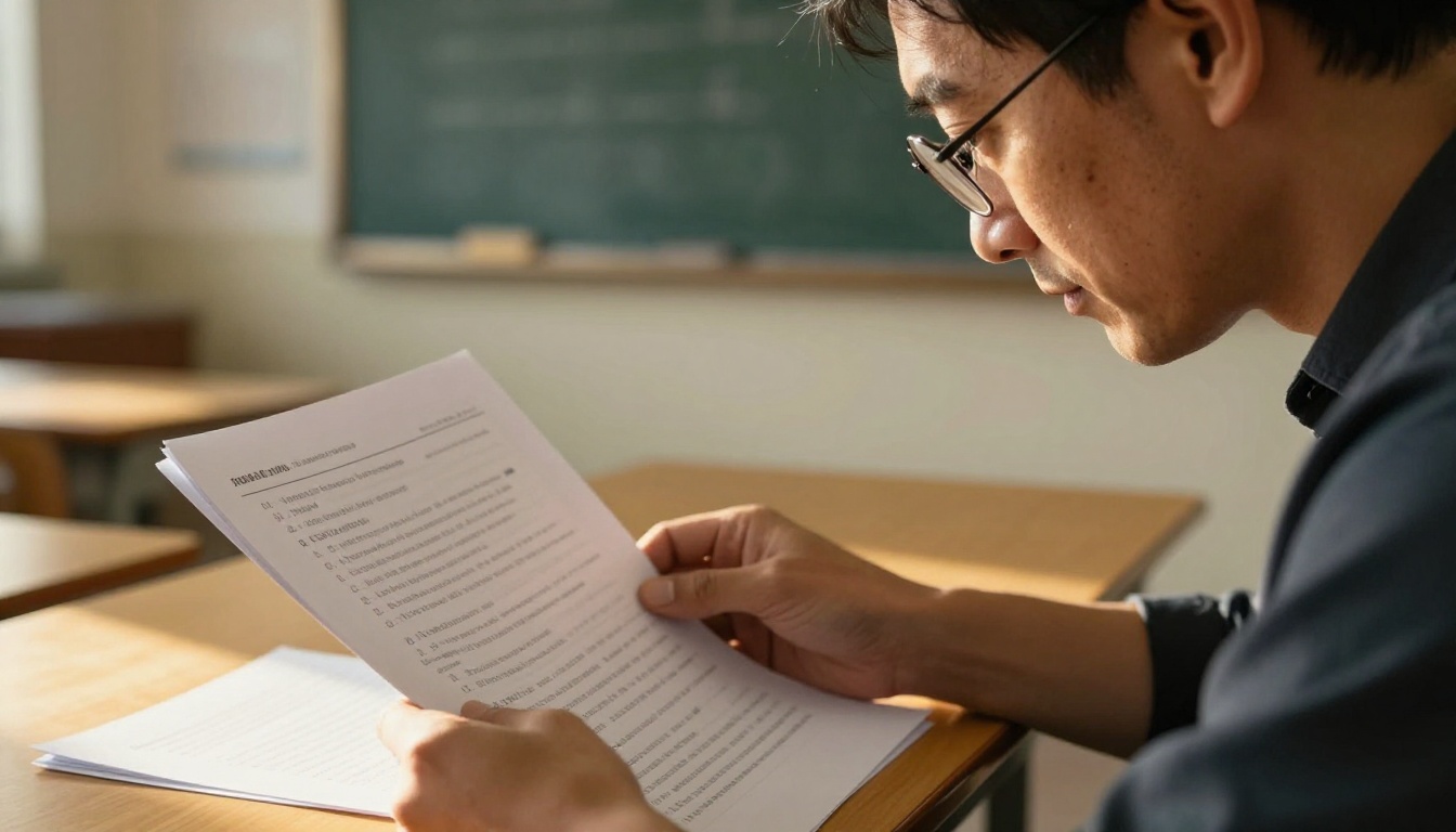 A male teacher in his 40s reviewing AI-generated quiz sheets at a classroom desk with warm afternoon light