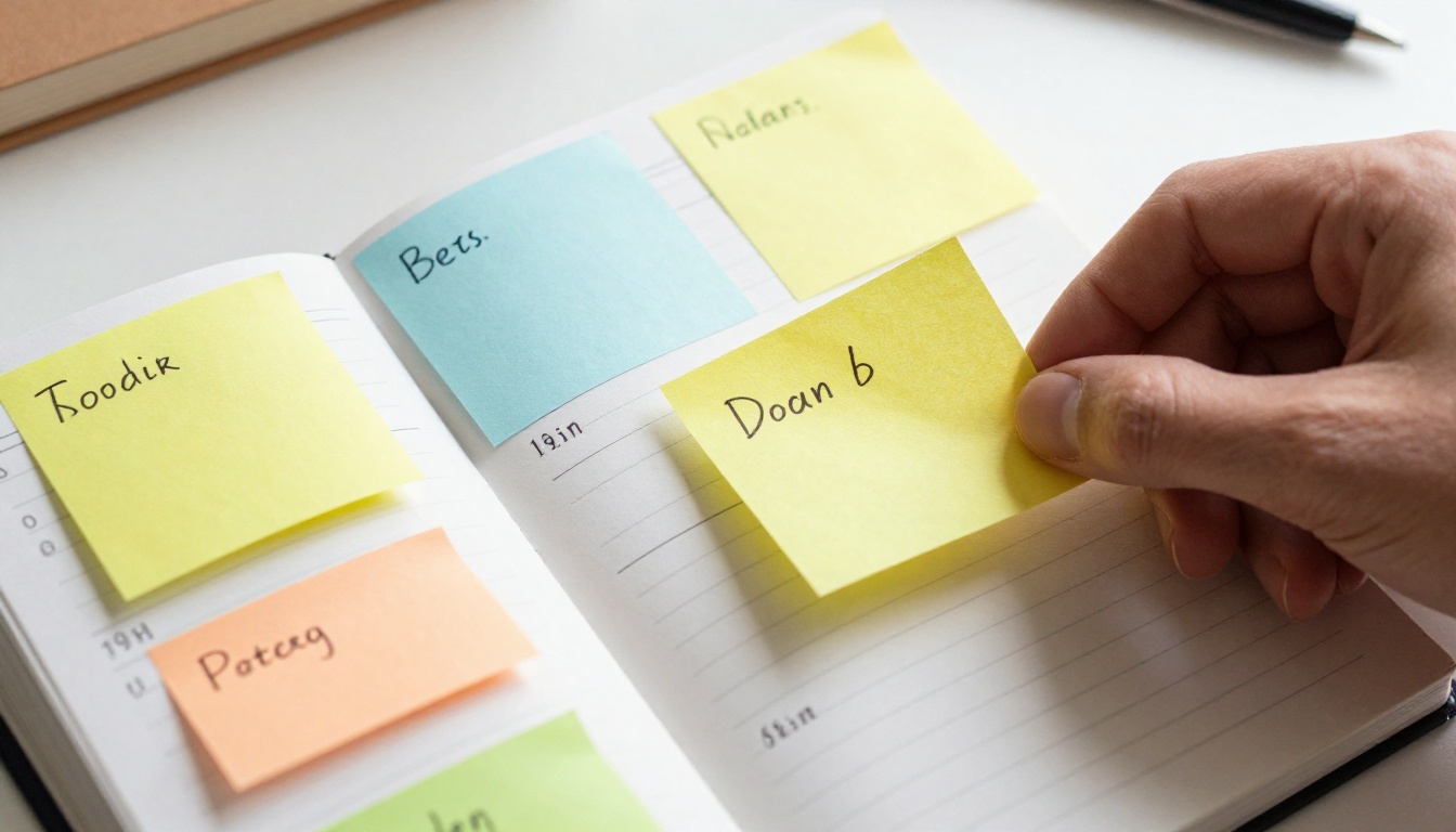 Colorful sticky notes and planner on a white desk