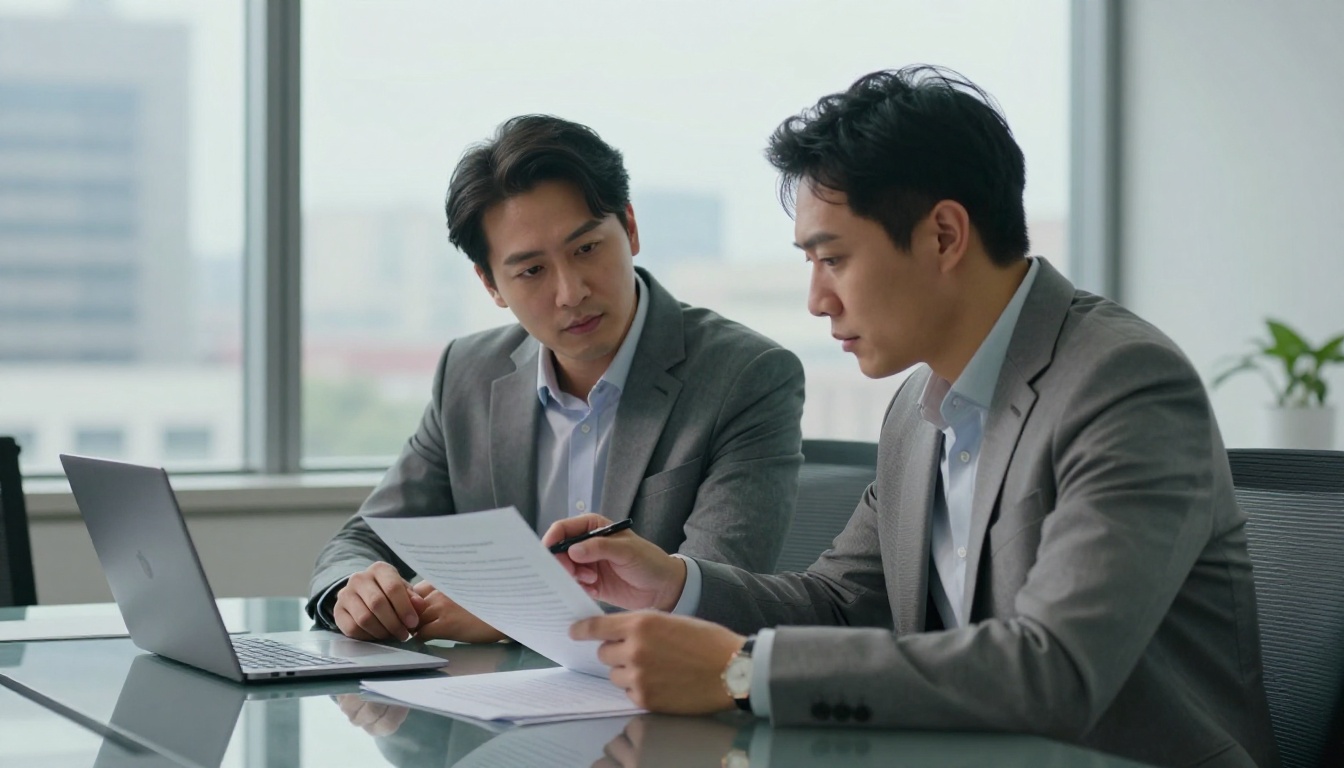 Two professionals reviewing and discussing a document at a glass conference table