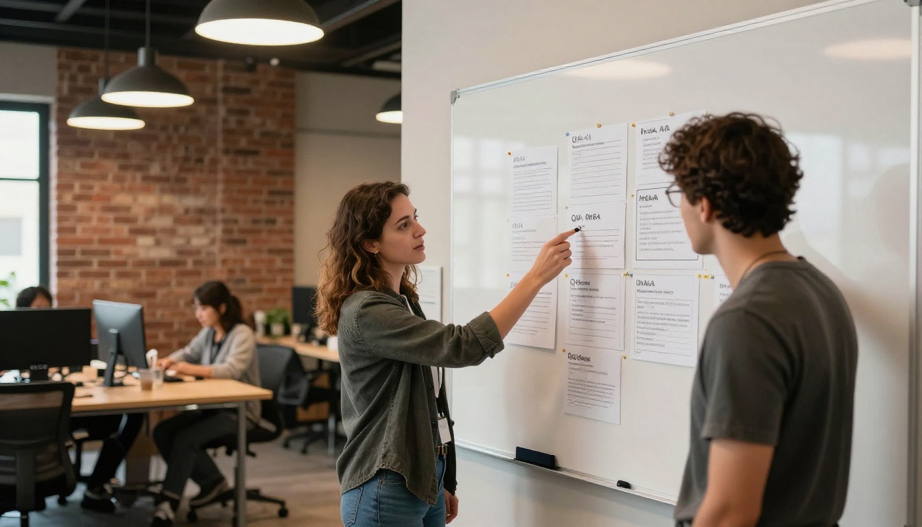 Two colleagues in a startup office reviewing AI-generated Q&A cards pinned on a whiteboard, candid discussion