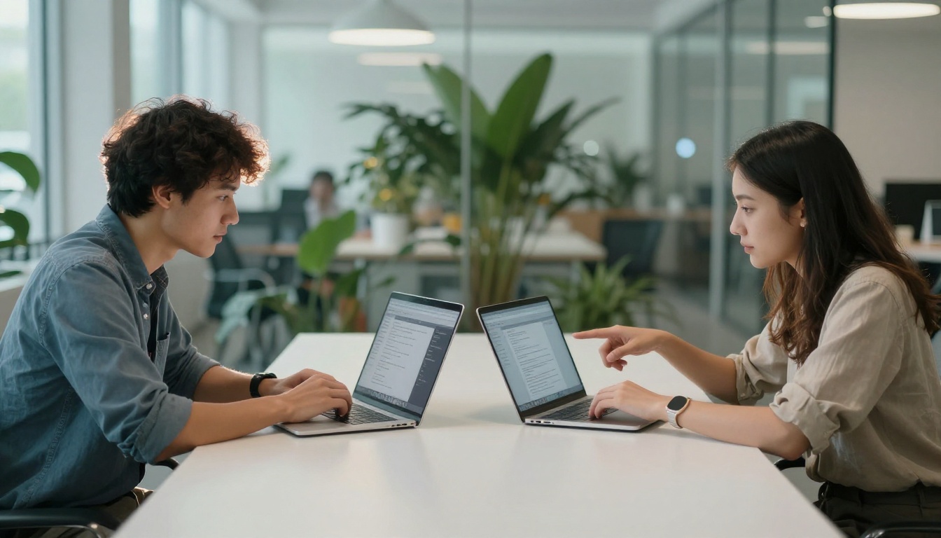 Two professionals comparing AI outputs side by side