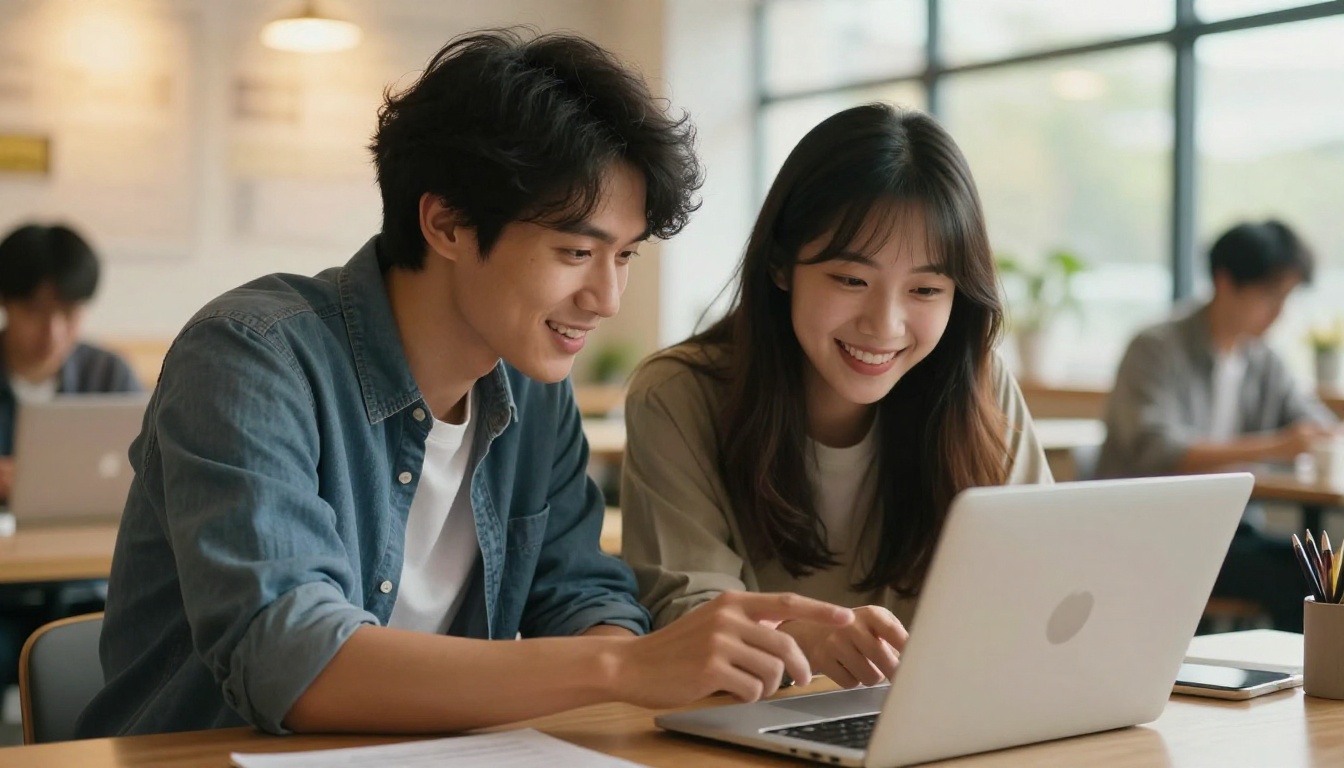 Two colleagues collaborating over a shared laptop