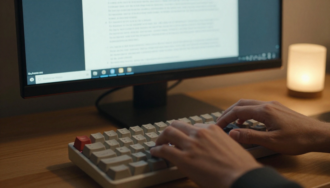 A person's hands typing on a mechanical keyboard with a PDF on a second monitor and LLM interface on the primary screen