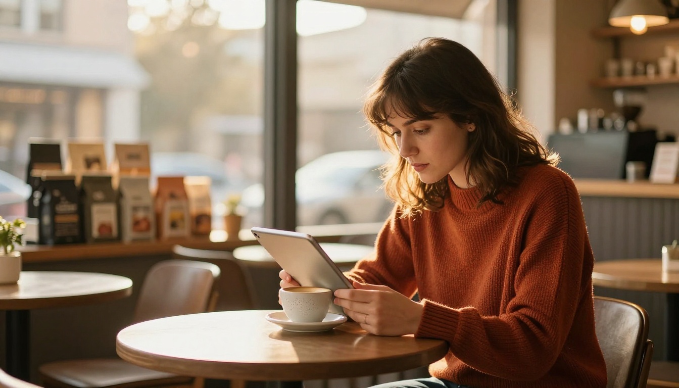 Woman reading on a tablet in a warm sunlit coffee shop with golden morning light
