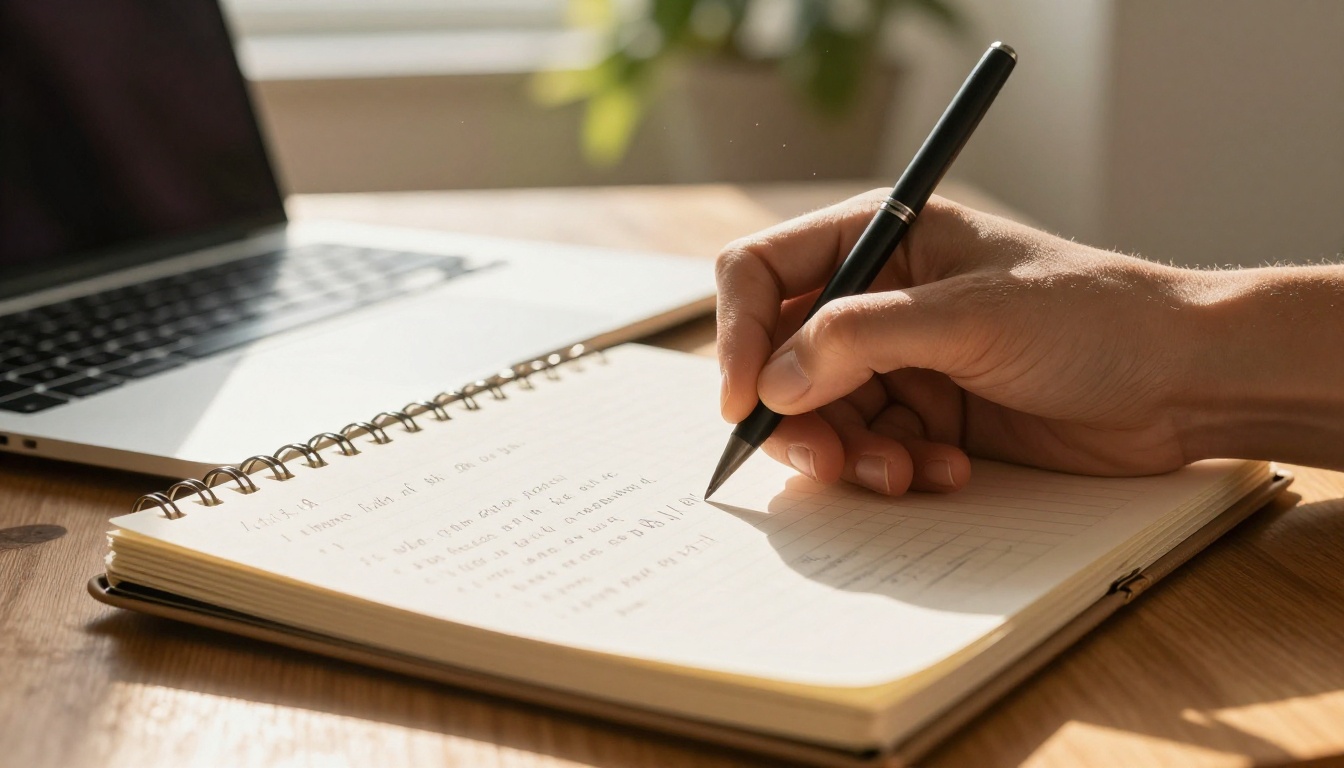 Writing structured notes beside a laptop