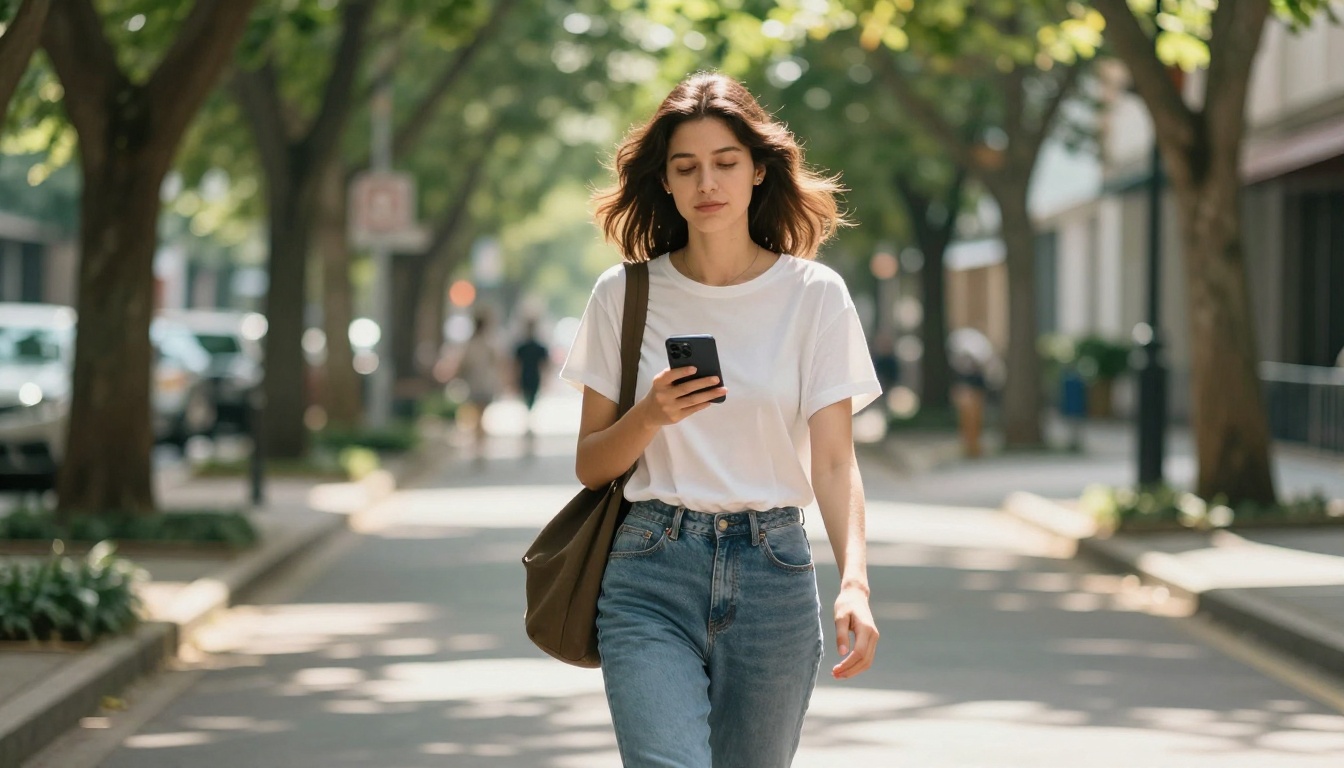 Woman walking on a sunny tree-lined sidewalk with phone