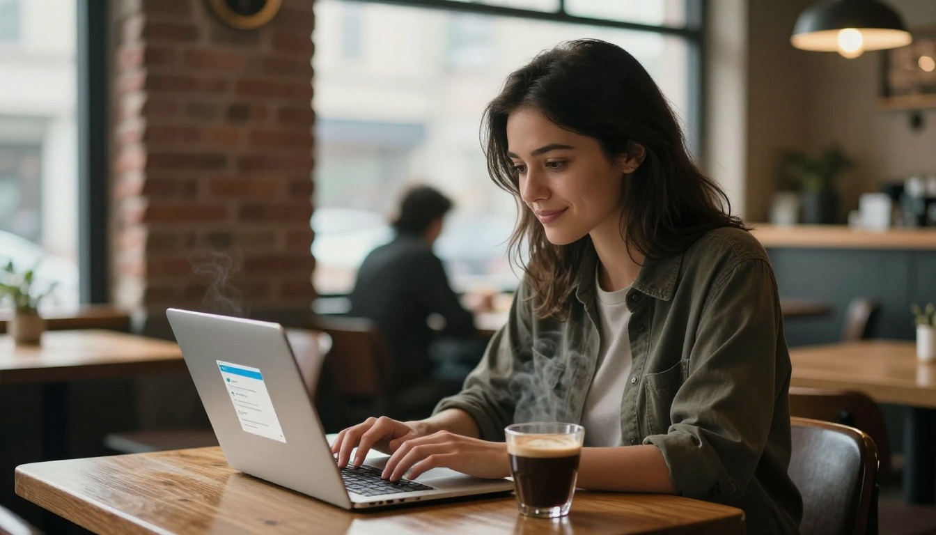 Woman at a coffee shop working peacefully on AI planning