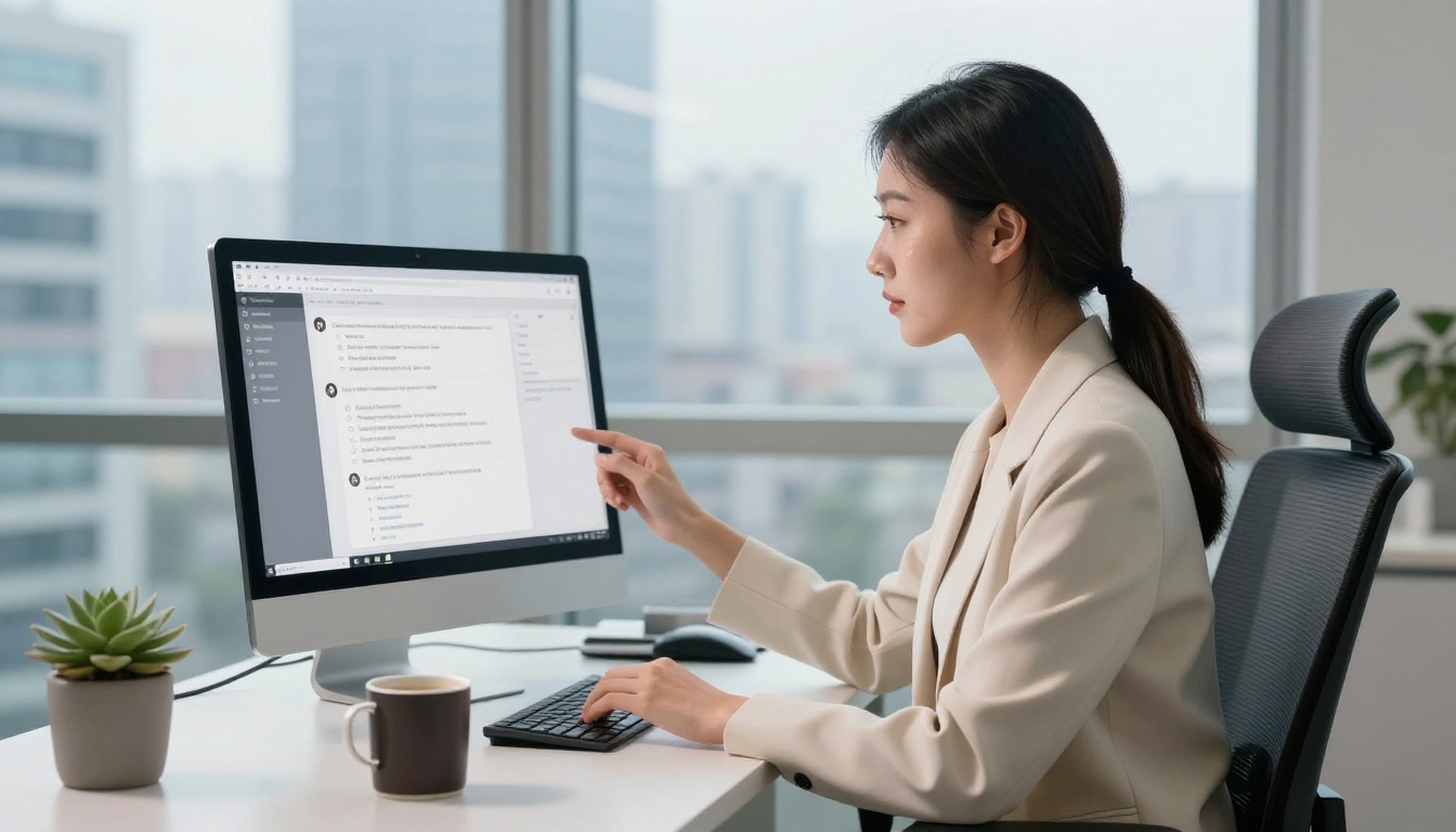 Professional woman reviewing AI chatbot output on monitor