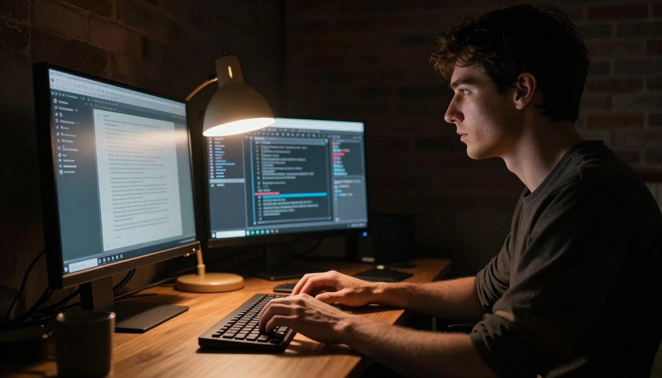 Man working late with multiple AI browser tabs open