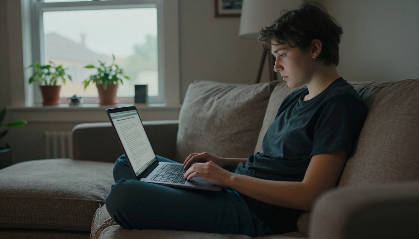 Student on sofa with laptop, getting great AI answers