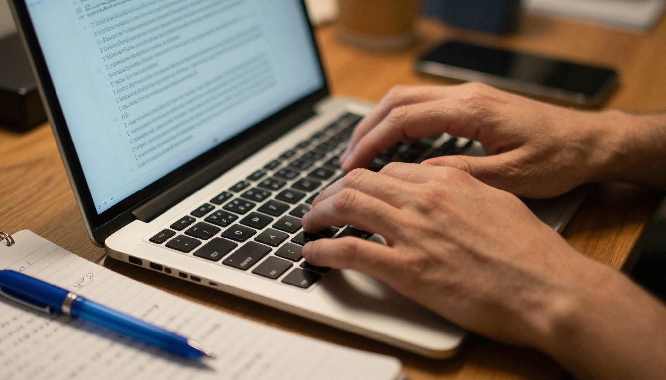 Hands typing on laptop with messy handwritten notebook beside it