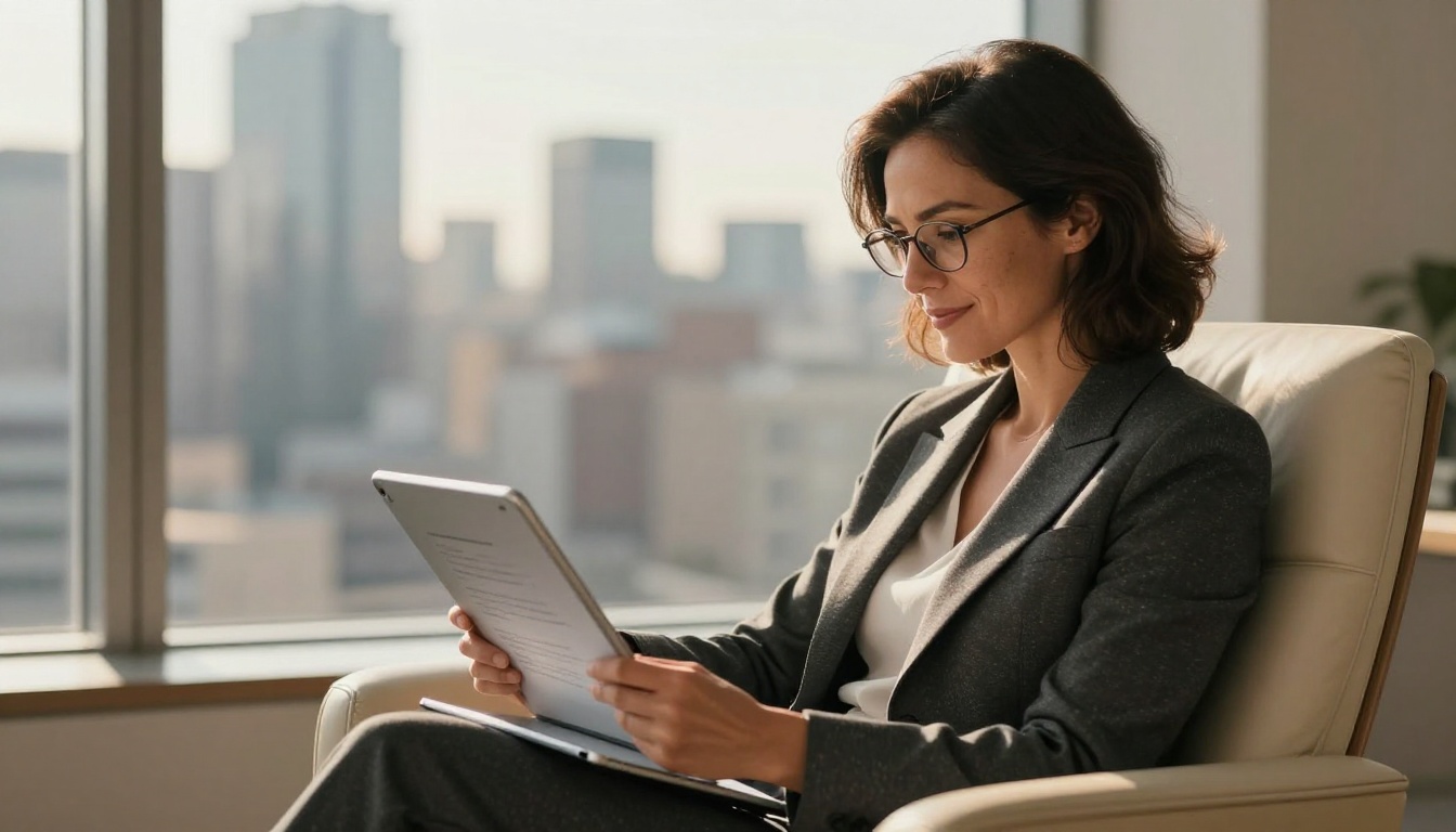 Female executive reading a tablet with meeting summary in a sunlit corner office
