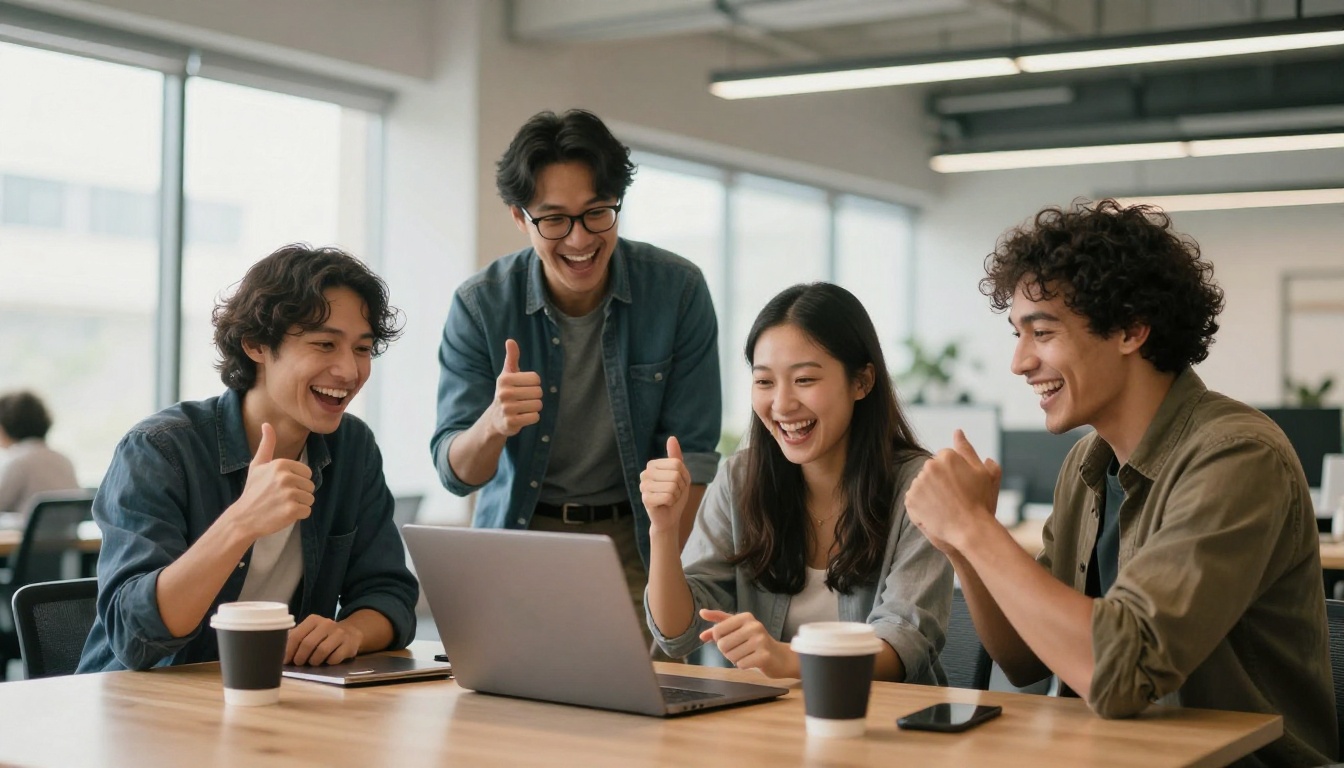 Diverse team celebrating around a standing collaboration table in a bright open office