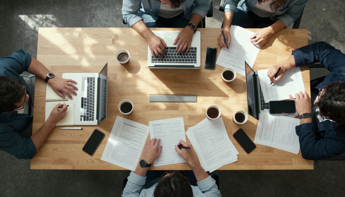 Aerial overhead view of meeting table with scattered papers, laptops and coffee cups