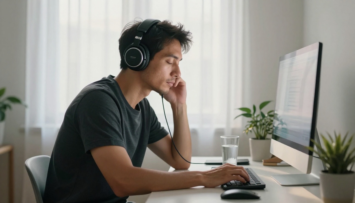 Man with over-ear headphones listening attentively at a minimalist desk