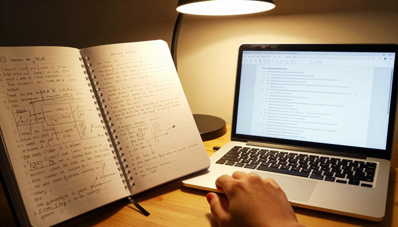 Side-by-side comparison of messy handwritten notes versus a clean AI summary on a laptop screen