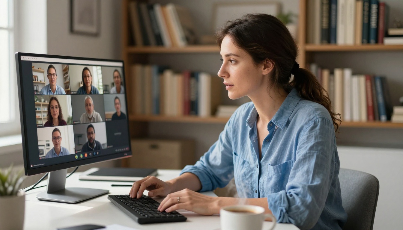 Woman on video call working from home at a clean desk with bookshelves behind her