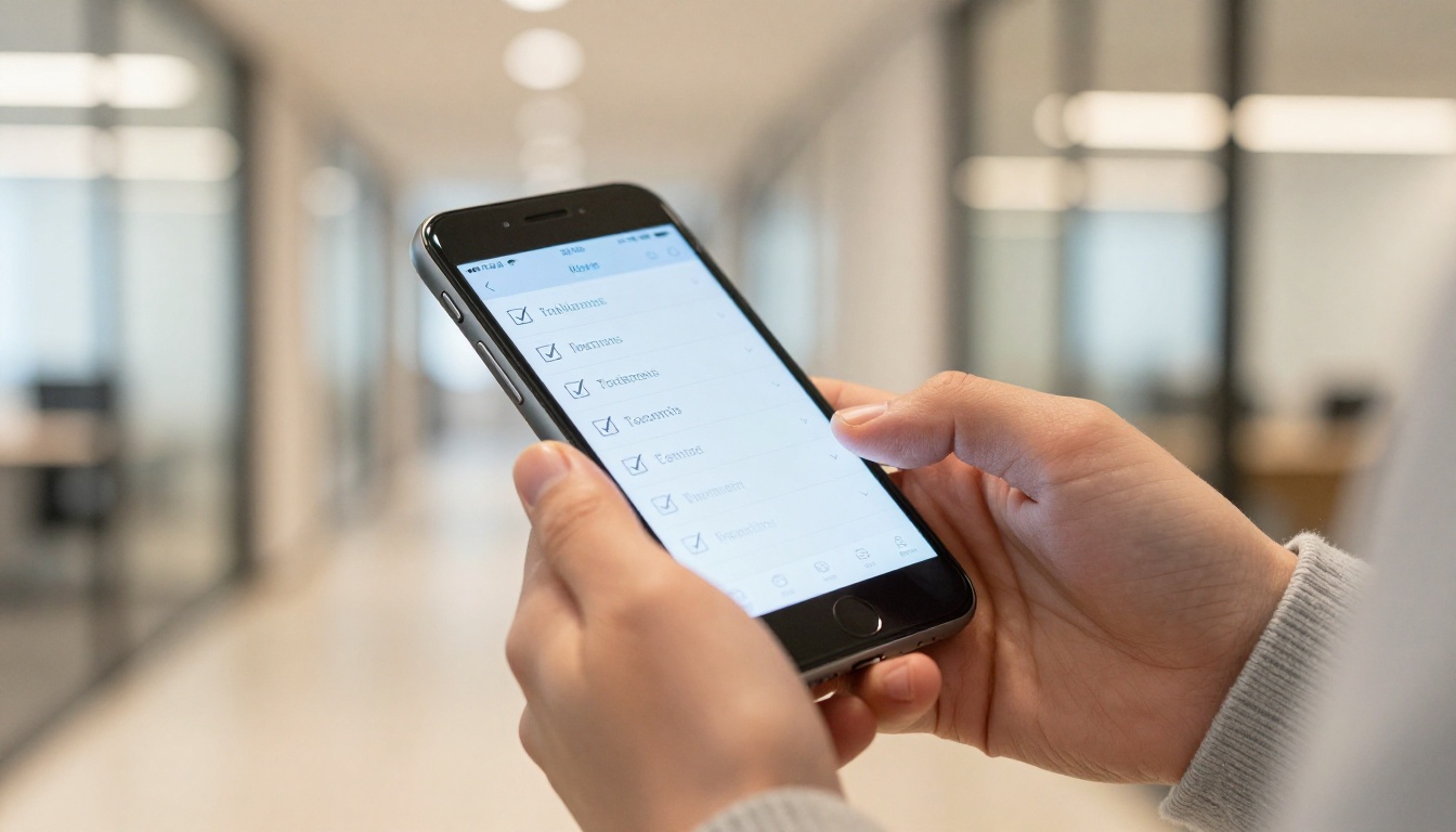 Person checking action items on a smartphone in a bright office corridor