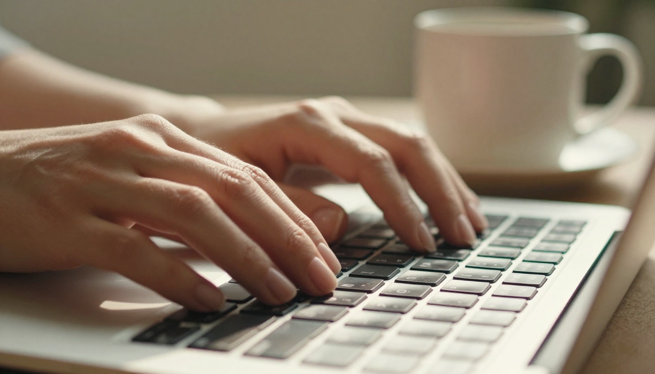 Hands typing on MacBook keyboard capturing the caption writing process