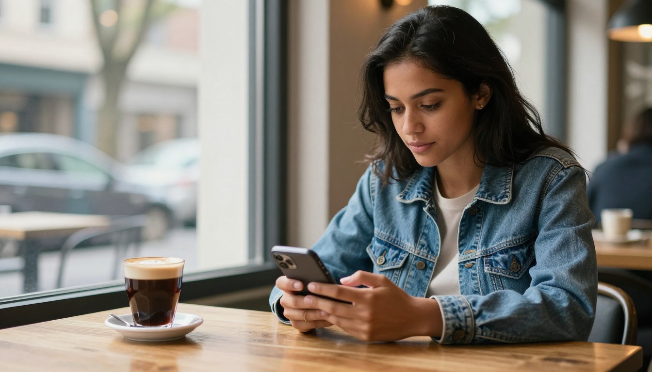 Young woman scrolling through Instagram at a cafe with natural window light